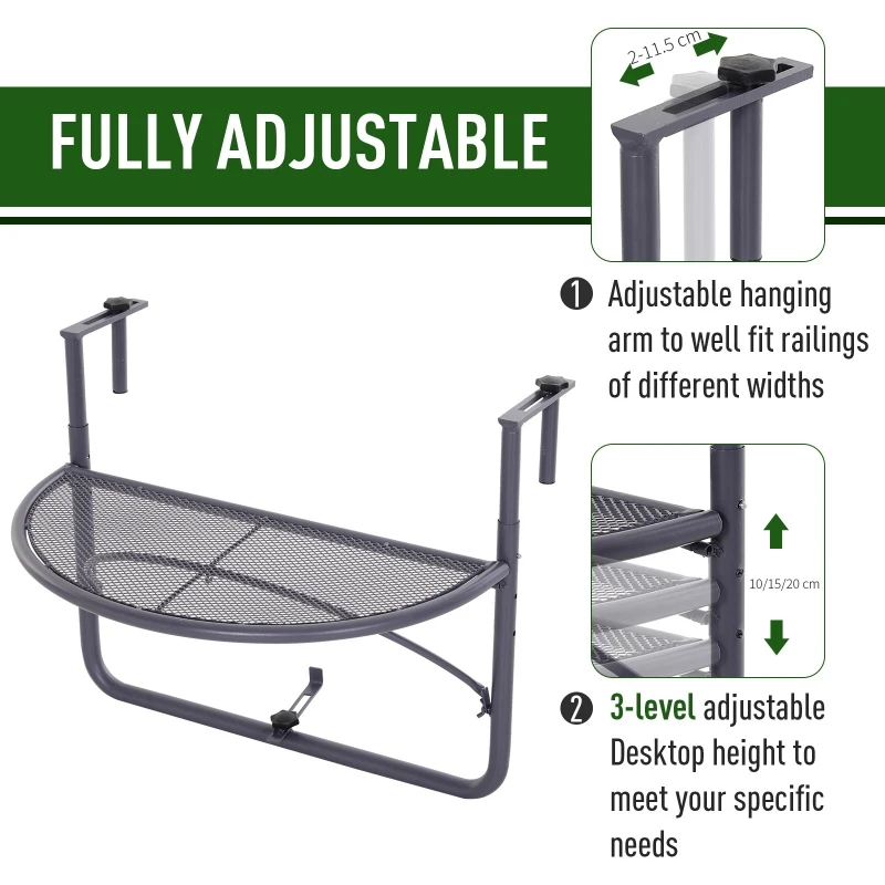 Outsunny Adjustable Balcony Hanging Railing Table, Metal Mounting Mini Wall Desk Storage Rack, Outdoor Flower Stand Serving Table Half Round, Grey