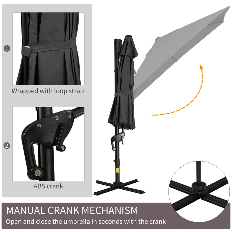 Outsunny 8FT Cantilever Patio Umbrella, Square Outdoor Offset Umbrella with 360° Rotation, Aluminum Hanging Umbrella with 3-Position Tilt, Crank & Cross Base for Garden, Dark Gray