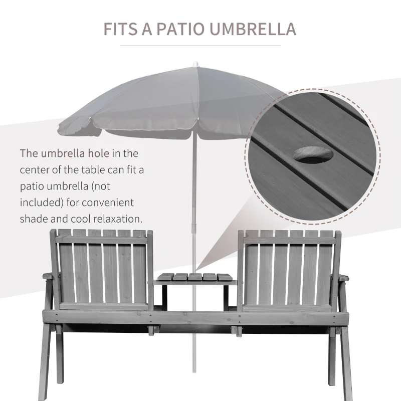 Outsunny 2-Seater Outdoor Bench with Middle Table, Wooden Garden Bench with Parasol Hole, Patio Loveseat for Yard, Porch, Grey