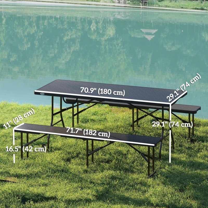 Outsunny 6FT 3PCS Faux Rattan Outdoor Camping Table Bench Set with Carrying Handles, Folding Picnic Table with 2 Benches, Black