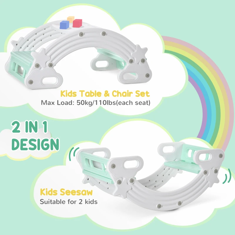 Qaba 2-IN-1 Kids Seesaw Teeter Totter Kids Table and Chair Set with Easy-Grip Handles Indoor Outdoor Playroom Backyard, Grey