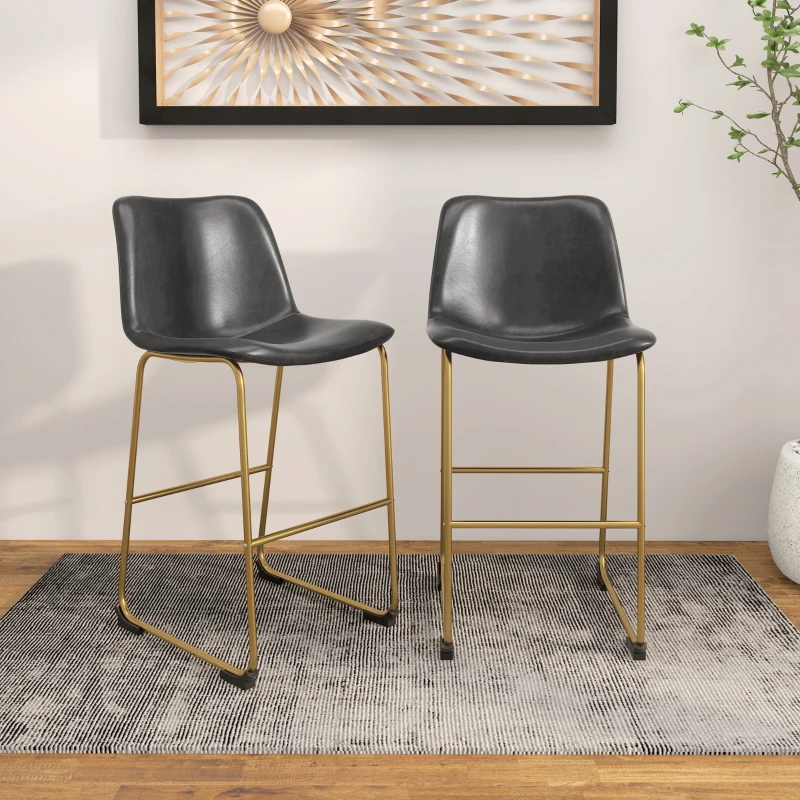 HOMCOM Bar Height Stools Set of 2, PU Leather Upholstered Stools for Kitchen Island, Modern Bar Chairs, Dark Grey