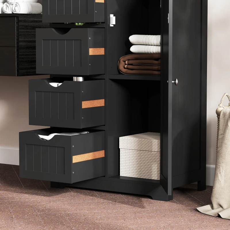 kleankin Bathroom Storage Cabinet, Floor Cabinet with Adjustable Shelf and 4 Drawers, Side Cabinet for Washroom, Black