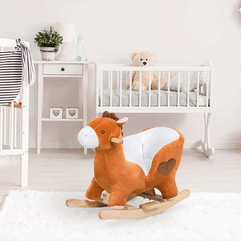 Qaba Kids Plush Rocking Horse Stuffed Animal Rocker Child Ride On Toy with Realistic Sound Red Brown