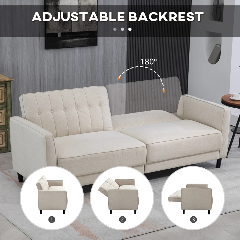 HOMCOM Convertible Bed with Couch, Button Tufted Fabric Sofa Bed with Adjustable Back for Living Room, Beige