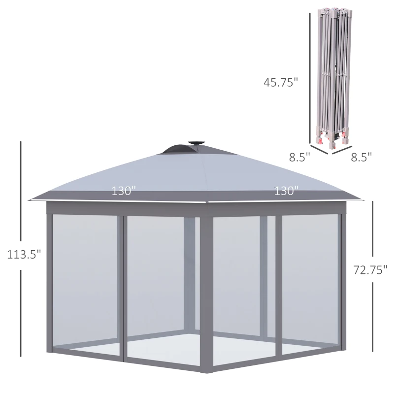 Outsunny 11' x 11' Pop Up Canopy, Instant Canopy Tent with Solar LED Lights, Remote Control, Zippered Mesh Sidewalls and Carrying Bag for Backyard Garden Patio, Gray