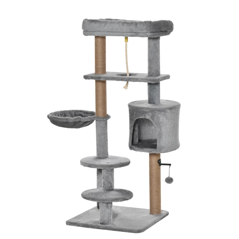 PawHut Cat Tree, 47 Inches Multi-Level Cat Tower with Scratching Post, Hammock, Cat Condo, Perch, Toy Ball, Tall Cat Tree for Indoor Cat, Grey