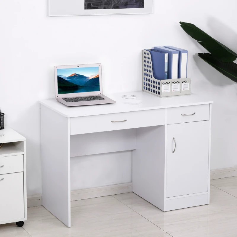 HOMCOM Computer Desk with Storage Drawers, Study Writing Table with Cabinet Adjustable Shelf for Home Office Workstation Bedroom, White