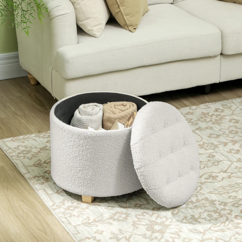 HOMCOM 18" Round Ottoman with Storage, Teddy Fleece Button Tufted Foot Stool with Lid, Wood Legs for Living Room Hallway, White