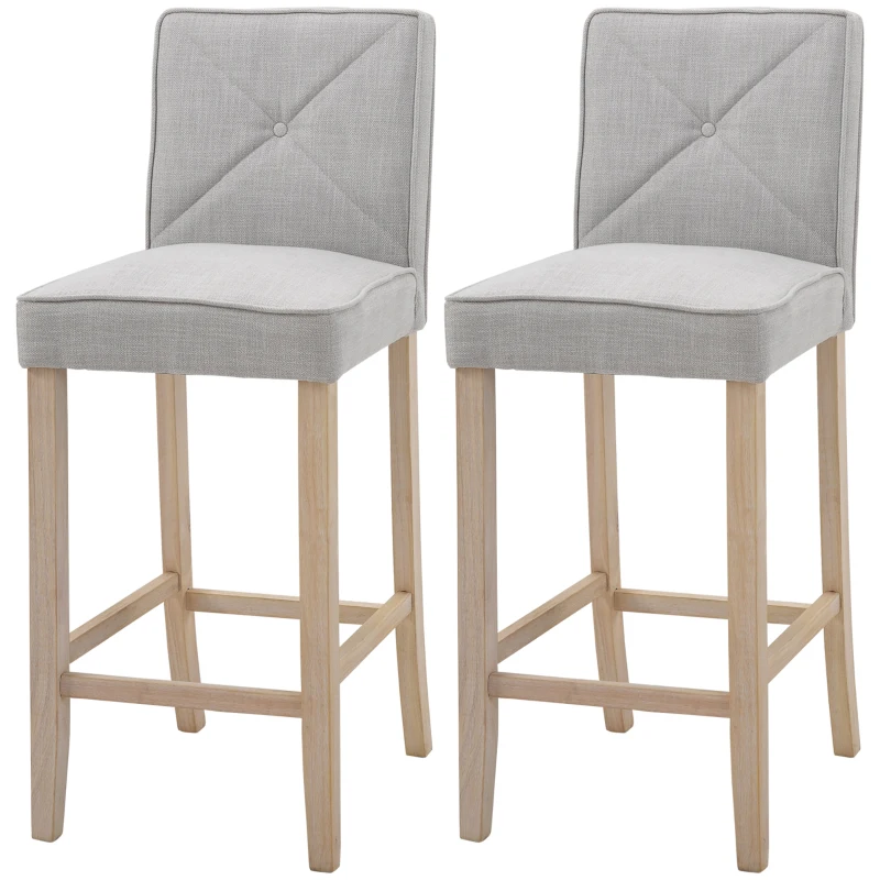HOMCOM Bar Stools Set of 2, Upholstered Bar Height Kitchen Stools with Build-in Footrest, Solid Wood Legs, Beige
