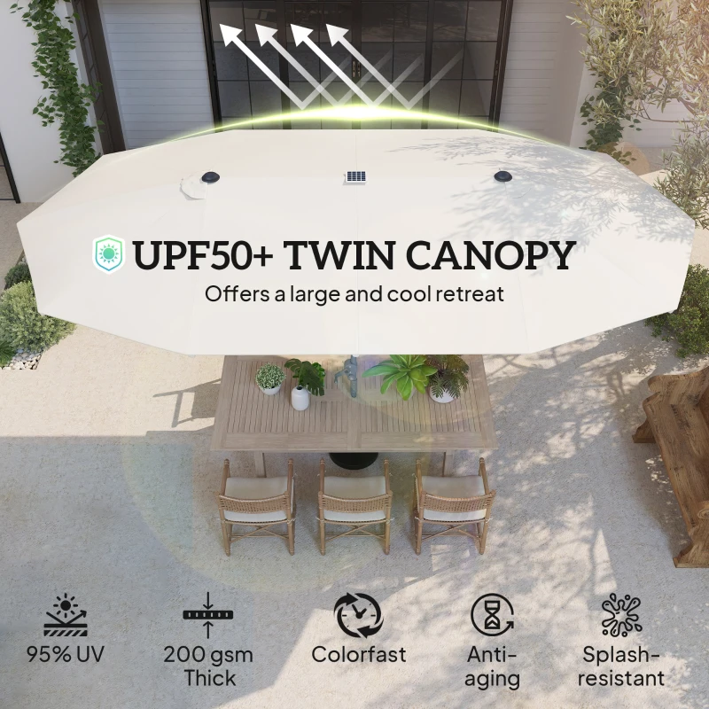 Outsunny 15ft Double-Sided Outdoor Umbrella with Solar Lights, UPF50+ Extra Large Aluminum Patio Umbrella with Crank, Cream White