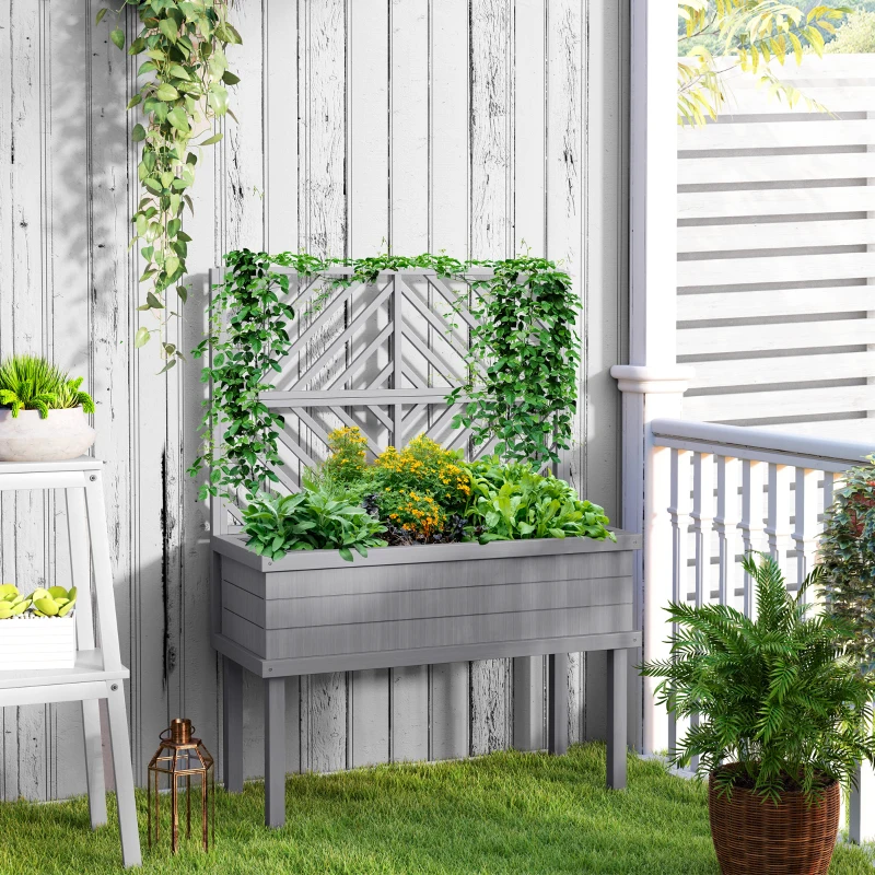 Outsunny Elevated Wood Planter with Trellis for Climbing Plants, Raised Garden Bed with Legs and Drainage Holes, Gray