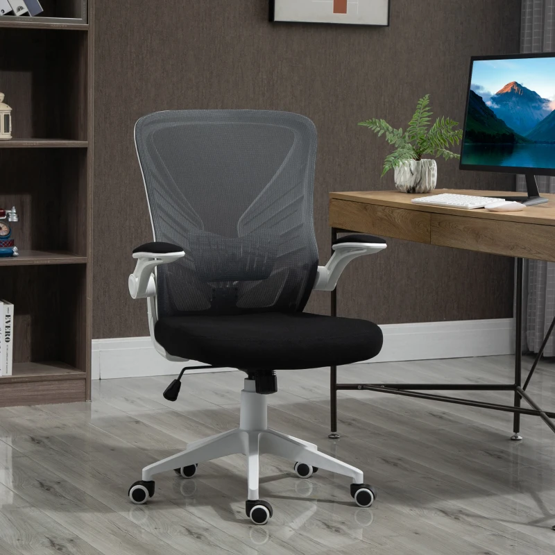 Vinsetto Mesh Office Chair Swivel Task Desk Chair with Lumbar Back Support, Flip-Up Arm, Adjustable Height for Home Office, Grey/Black