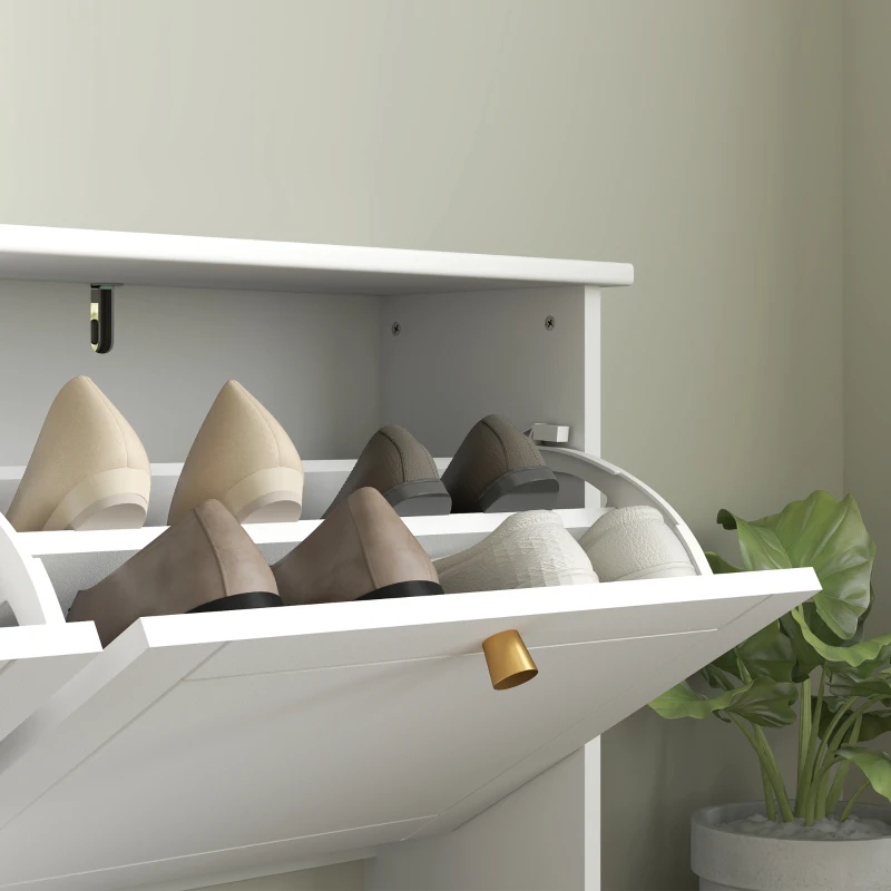 HOMCOM Modern Shoe Storage Cabinet, Narrow Shoe Cabinet with 4 Flip Drawers, Adjustable Shelves, 5 Legs for Entryway, White