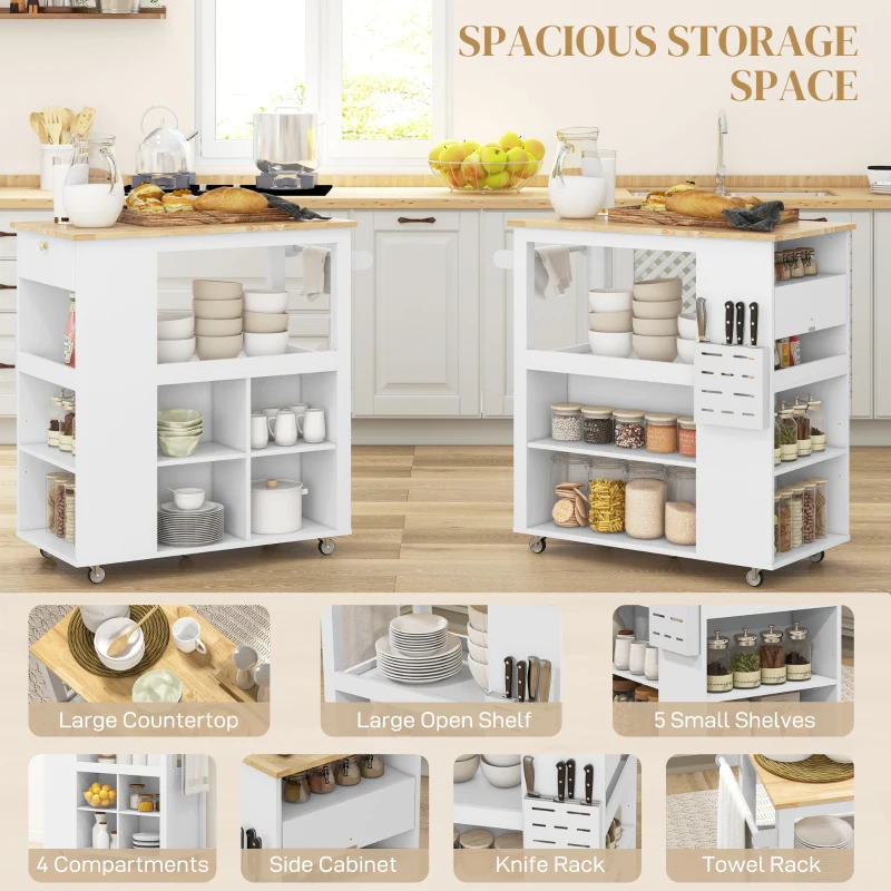 HOMCOM Kitchen Island Table Kitchen Cart with Rubberwood Top, Adjustable Shelves, Knife Rack, Towel Rack, Cabinet, White