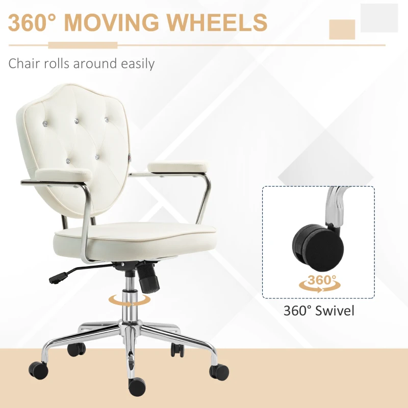 HOMCOM Cute Office Chair, Desk Chair with Button Tufted Velvet-Feel Fabric, Swivel Computer Vanity Chair, Cream White