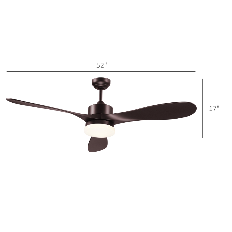HOMCOM 52" Reversible 3 Blades Ceiling Fan with Light, Modern Indoor Mount LED Lighting Fan with Remote Control, for Bedroom, and Living Room, Brown