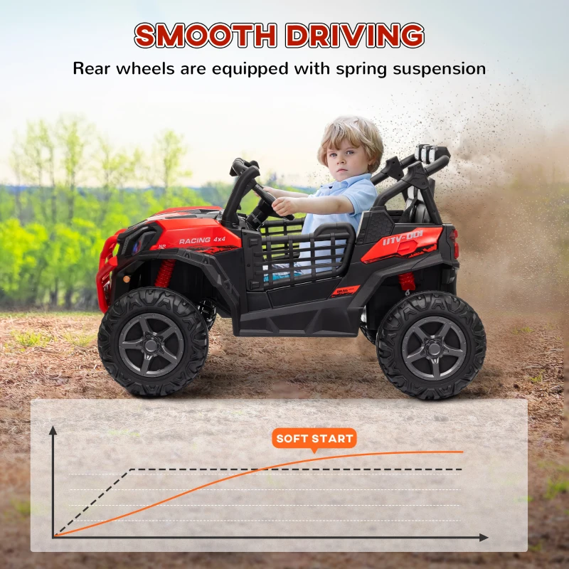 Qaba 2 Seater 24V Kids Electric Car w/ Remote Control, 3 Speed, LED Lights, Music, Horn, Spring Suspension, Slow Start, Red