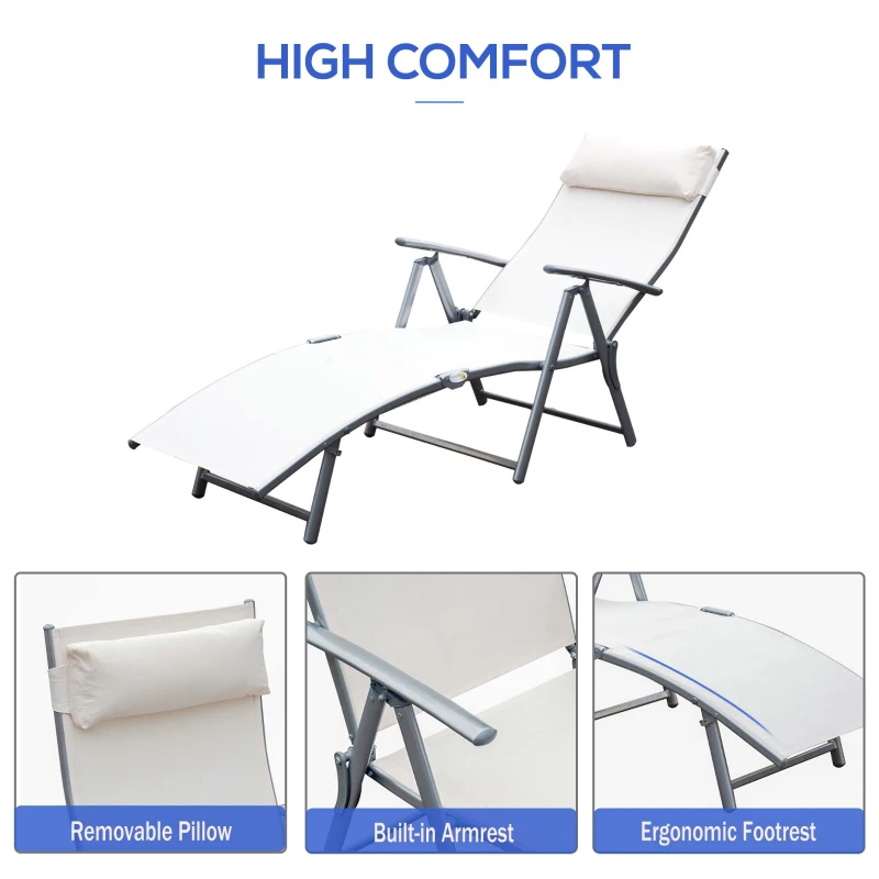 Outsunny Heavy-duty Adjustable Folding Reclining Chair Outdoor Sun Lounger Patio Chaise Lounge Garden Beach Gravity Lounge with Pillow, 7 Adjustable Backrest Positions, Cream