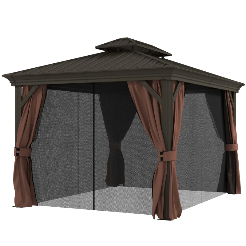 Outsunny 10' x 12' Outdoor Hardtop Gazebo with Galvanized Canopy & Netting Sidewalls for Lawn, Backyard, Dark Brown