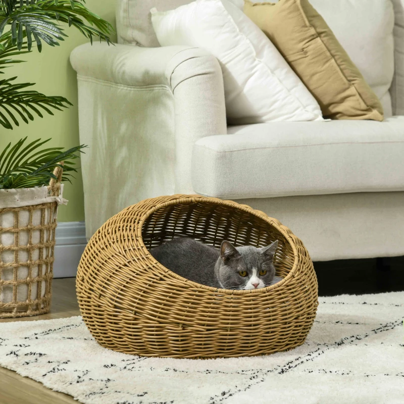 PawHut Rattan Cat Bed with Washable Cushion for Cats, Puppies, Light Brown