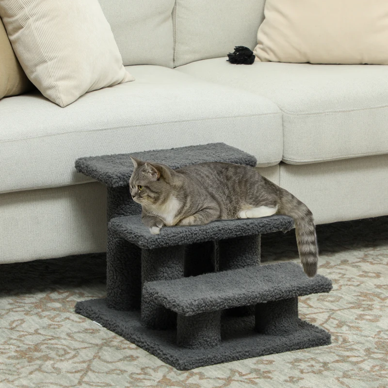 PawHut 3 Tier Pet Stairs Dog Cat Step Scratch Post Furniture,  Dark Grey
