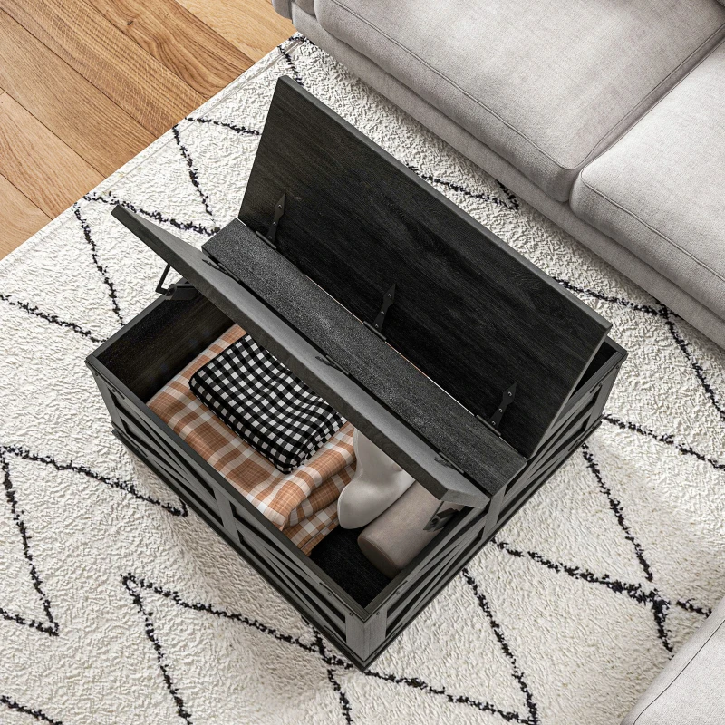 HOMCOM Farmhouse Coffee Table, Square Center Table with Flip-top Lids, Hidden Storage Compartment, Distressed Black