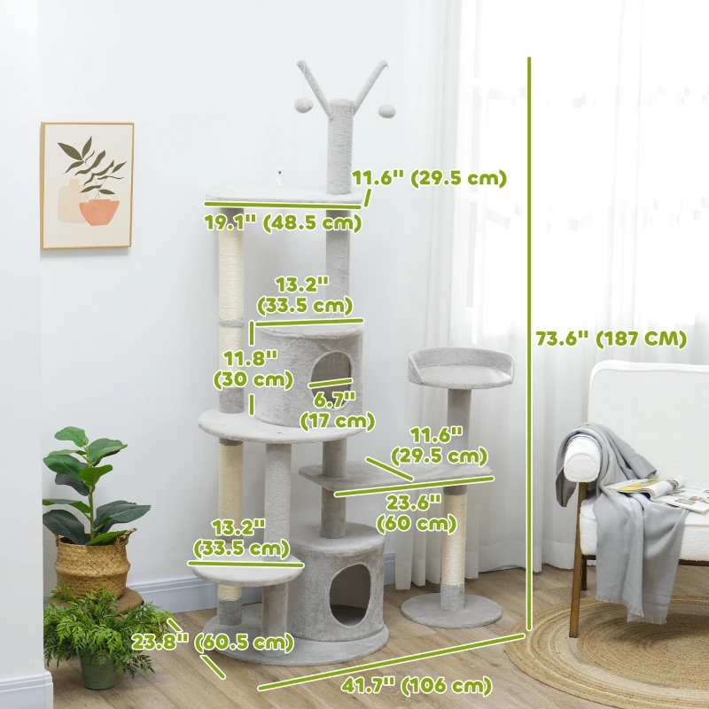 PawHut 73.5" Cat Tree Tower with Scratching Posts, Condos, Bed, Multi-Level Platforms, Toy Balls, for Indoor Cats, Light Grey