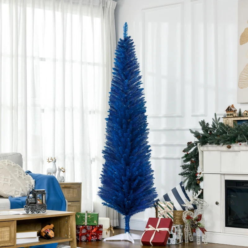 HOMCOM 7FT Decorated Christmas Tree, Pencil Christmas Tree with 499 Realistic Branch Tips and Plastic Stand, Blue