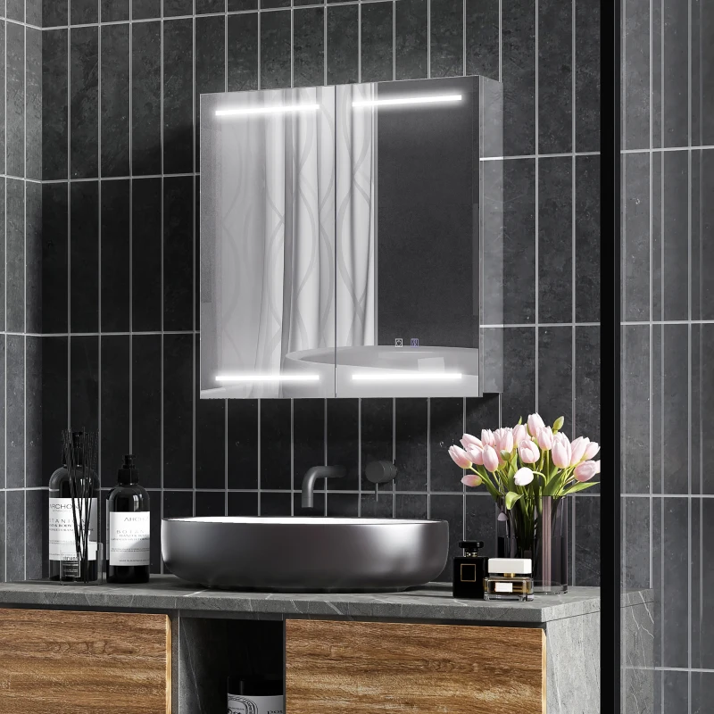 HOMCOM Illuminated Medicine Cabinet with Mirror, LED Vanity Mirror Cabinet with Defogging Film, Stainless Steel Frame