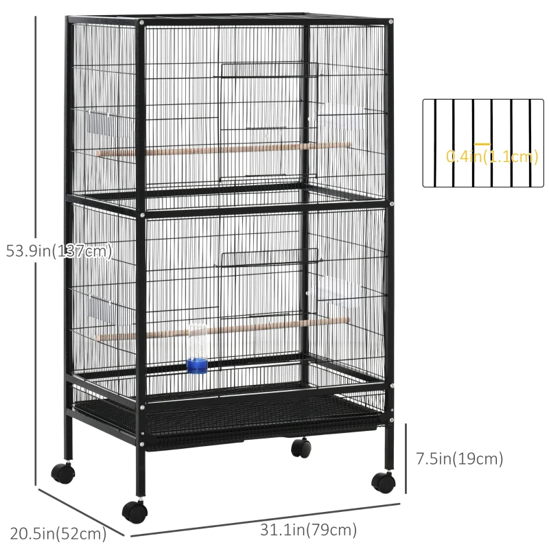 PawHut Bird Cage Conure Parrot Budgie Cage with Bird Perch & Wheels, Black