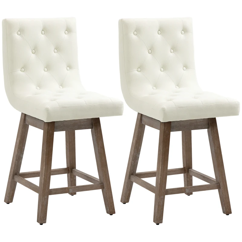 HOMCOM Counter Height Bar Stools, Swivel Bar Chairs, 25.5" High Fabric Tufted Breakfast Barstools for Kitchen, Set of 2, Cream White