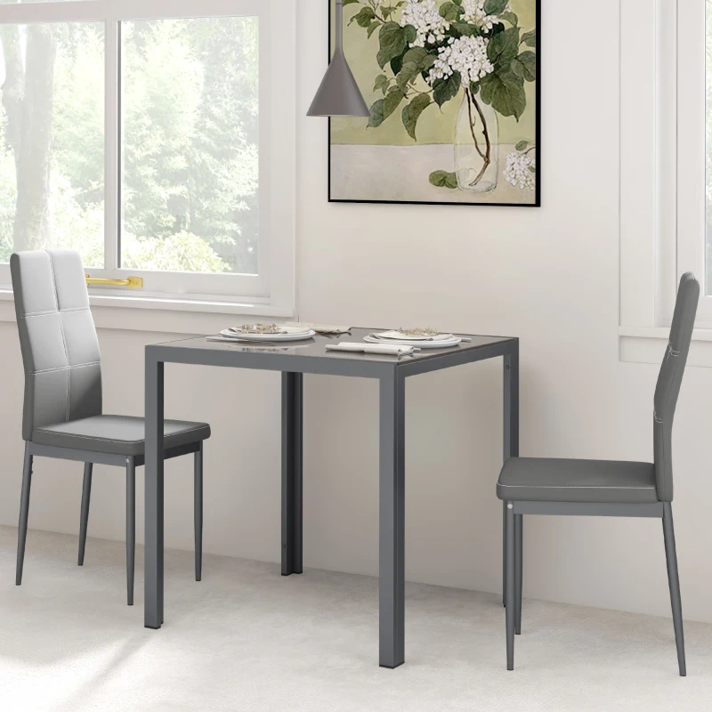 HOMCOM 3-Piece Rectangular Glass Kitchen Table and Chairs with Metal Frame and Faux Leather Upholstery for Dining Room, Grey
