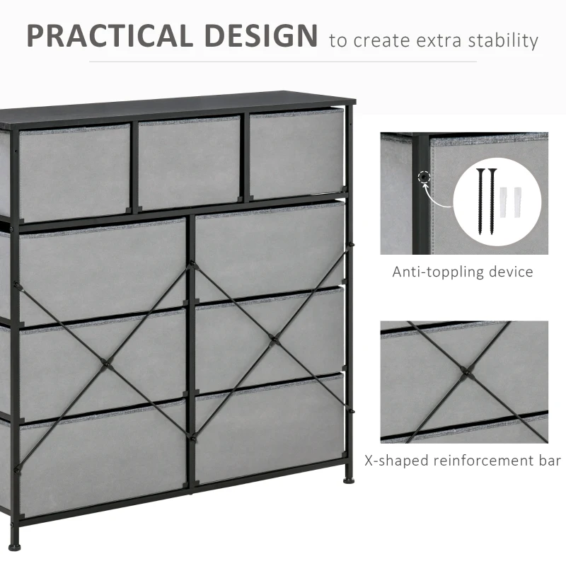 HOMCOM 9 Drawers Storage Chest Dresser Organizer Unit w/ Steel Frame, Wood Top, Easy Pull Fabric Bins, for Hallway, Closet, Entryway, Black & Gray