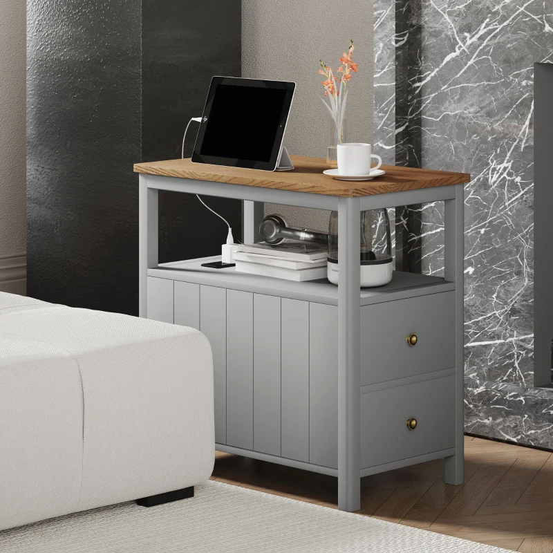 HOMCOM Side Table with Charging Station and USB Ports, Narrow End Table with Drawers, Shelf for Living Room, Gray