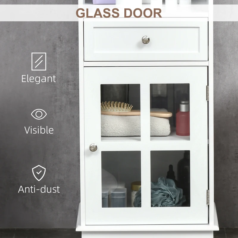 kleankin Bathroom Floor Cabinet with Drawer, Glass Door Side Cabinet, Multifunctional Corner Unit with Adjustable Shelf for Home Office, Living Room, White