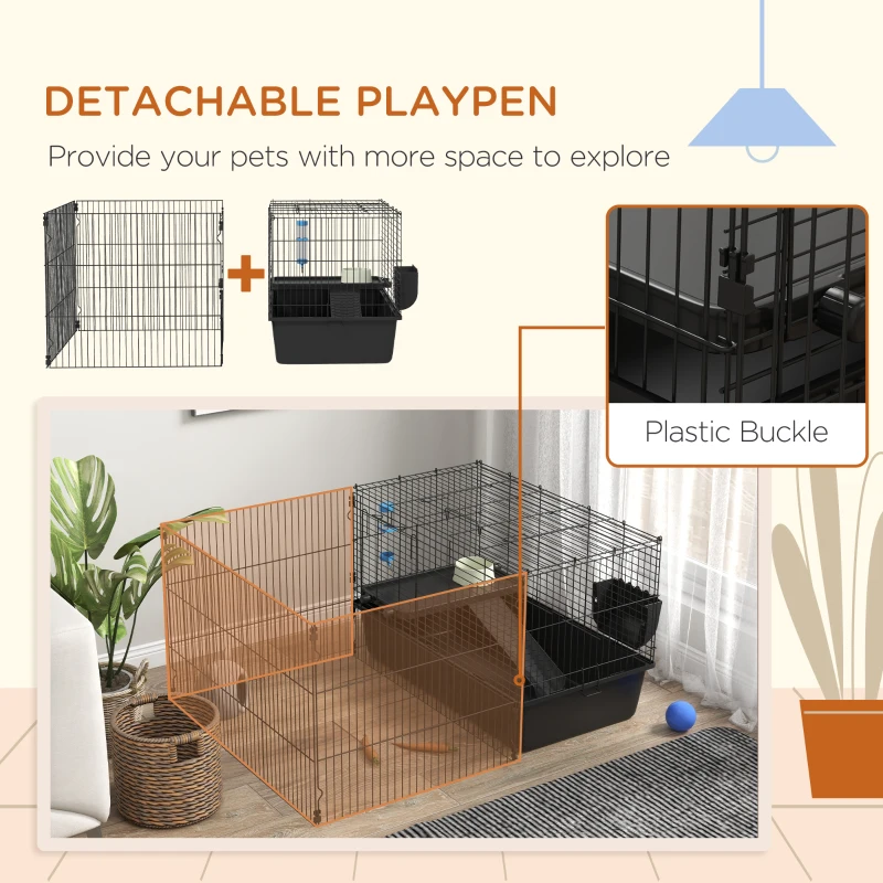 PawHut 33" Small Animal Cage with Playpen, Bunny Hutch Indoor for Guinea Pigs Hedgehogs with Accessories, Water Bottle, Food Dish, Feeding Trough
