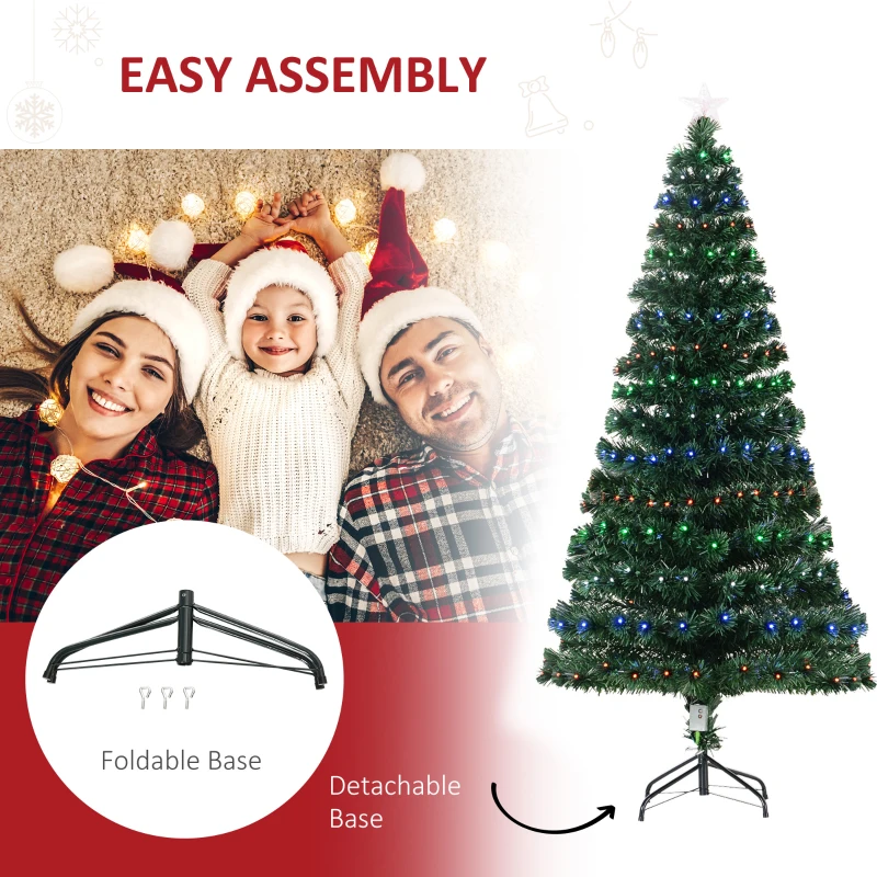 HOMCOM 6' Tall Prelit Full Fir Artificial Christmas Tree with Realistic Branches, 230 Green/Red/Blue  Fiber Optic Lights and 230 Tips