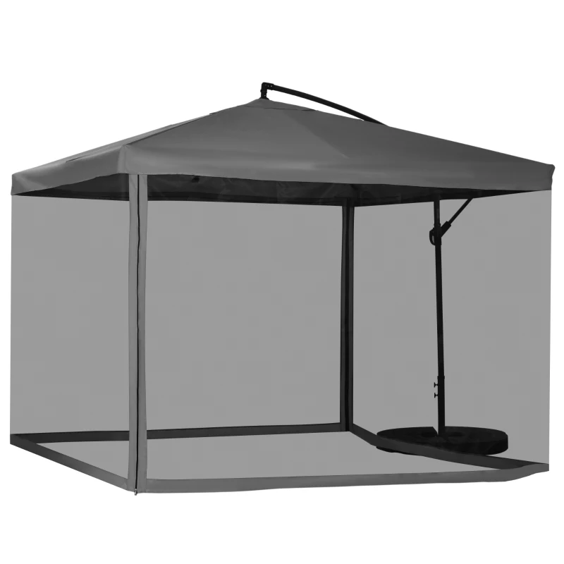 Outsunny Offset Patio Umbrella with Net and Umbrella Base, Adjustable Cantilever Canopy with Cross Base, Weight Plates and 8 Ribs for Backyard, Poolside, Garden, Dark Grey