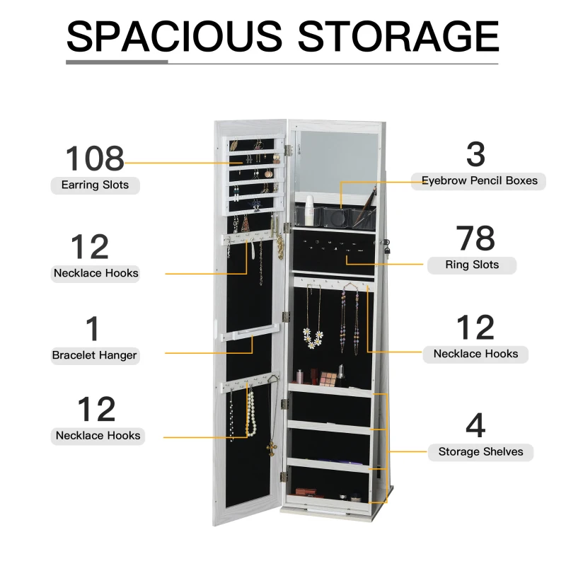 HOMCOM Mirror Jewellery Cabinet Armoire, Lockable Jewellery Organizer with Full-Length Mirror, LED Lights, Standing Jewellery Armoire in White Wood