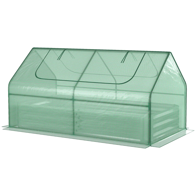 Outsunny Greenhouse with Raised Garden Bed, Steel Outdoor Planter Box with Plastic Cover, Roll Up Window, Dual Use for Flowers, Vegetables and Herbs, 73" x 37.5" x 36", Green
