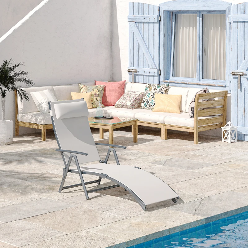 Outsunny Heavy-duty Adjustable Folding Reclining Chair Outdoor Sun Lounger Patio Chaise Lounge Garden Beach Gravity Lounge with Pillow, 7 Adjustable Backrest Positions, Cream