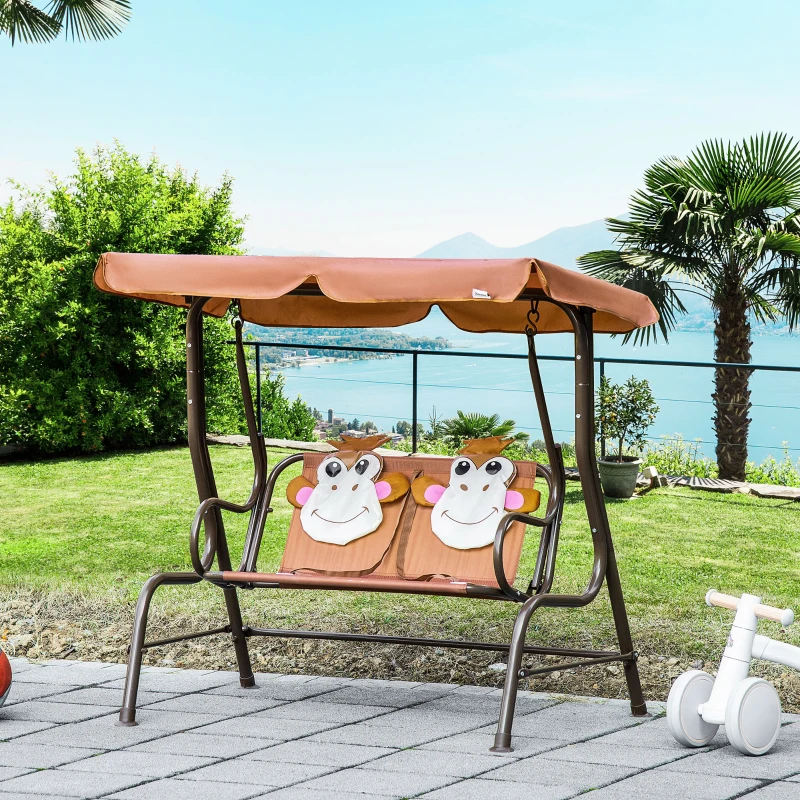 Outsunny 2-Seat Kids Porch Swing Chair, Children Outdoor Patio Furniture Lounge Chair for Garden, with Adjustable Canopy, Seat Belt, Monkey Pattern, for 3-6 Years Old, Coffee