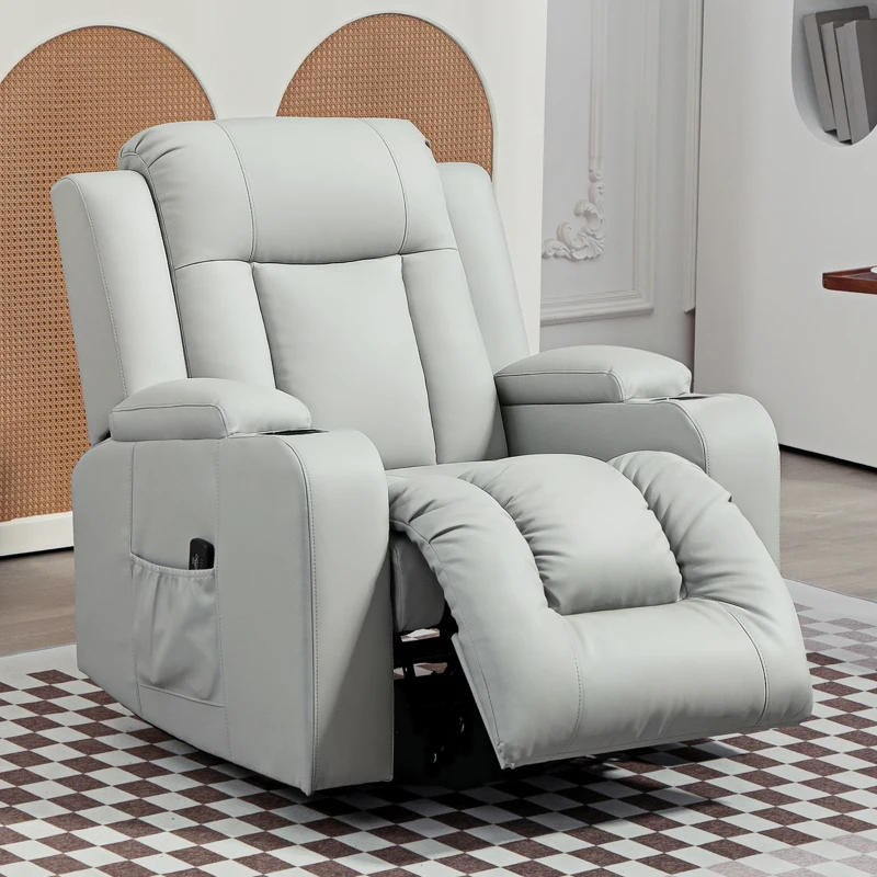 HOMCOM Recliner Chair with 8 Vibration, Overstuffed PU Leather Reclining Chair with Wide Seat, Cup Holders, Rocking, Light Grey