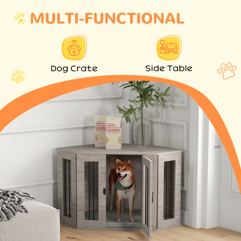 PawHut Dog Crate Furniture with Cushion, 41 Inch Corner Design Dog Crate End Table for Medium Dogs, Walnut Brown