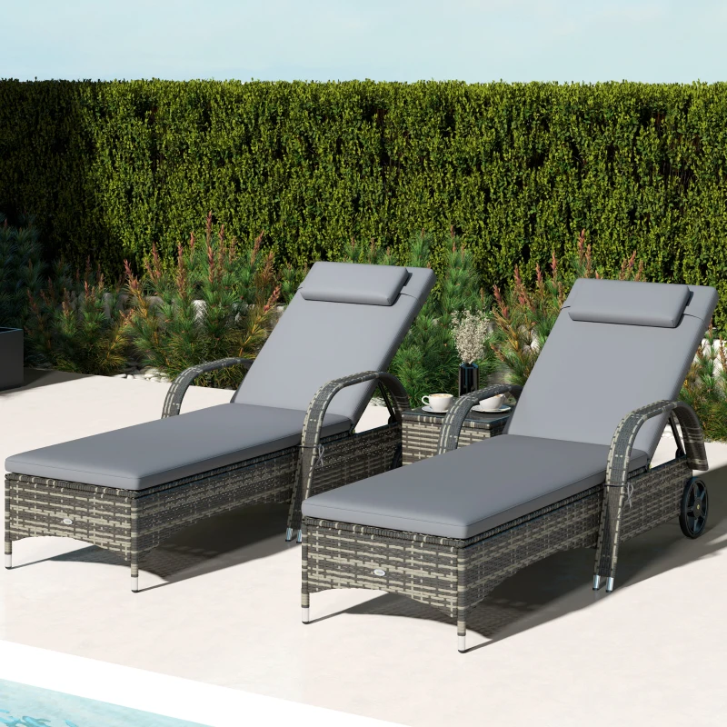 Outsunny Patio Wicker Chaise Lounge Chair Set of 2 with Table, Adjustable Backrest, Wheels, Cushion & Headrest, Gray