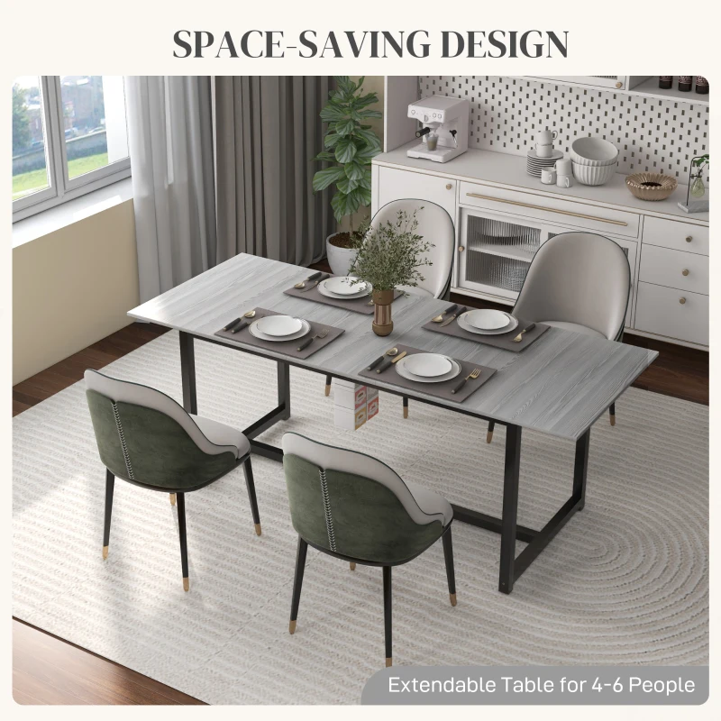 HOMCOM 63"-79" Collapsible Dining Table for 4-6, Foldable Kitchen Table with Steel Frame for Dining Room, Grey Wood Grain