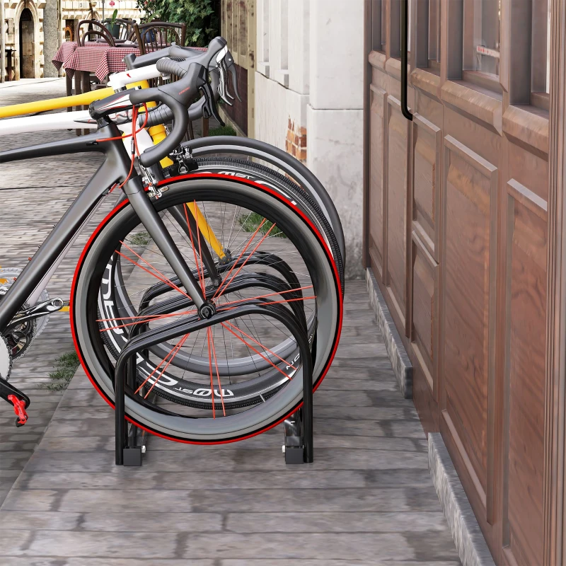 HOMCOM 3-Bike Bicycle Floor Parking Rack Cycling Storage Stand Ground Mount Garage Organizer for Indoor and Outdoor Use Black