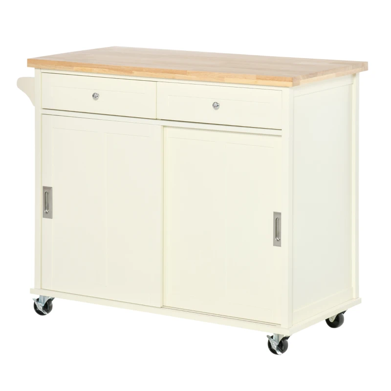 HOMCOM 43" Rolling Kitchen Island, Kitchen Storage Cart on Wheels with Sliding Doors, Cabinet, 2 Drawers, and Towel Rack, Cream White