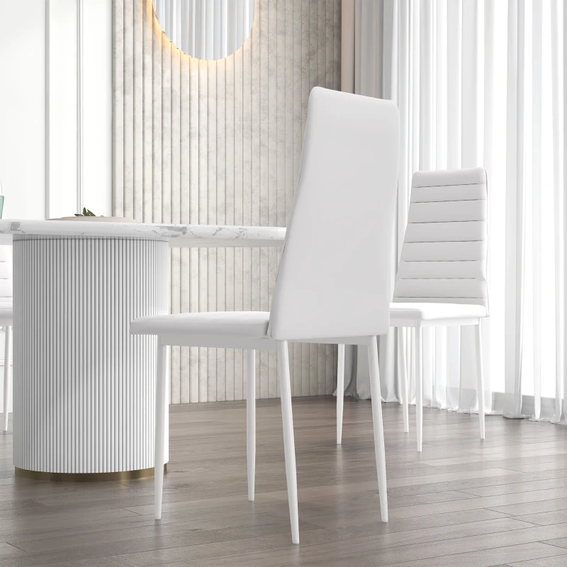 HOMCOM High Back Dining Chairs, Modern Upholstered PU Leather Accent Chairs with Metal Legs for Kitchen, Set of 6, White